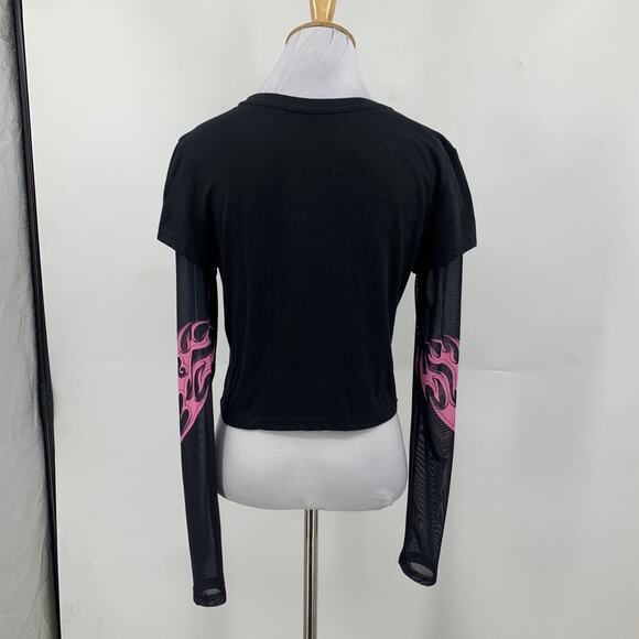 Barbie Top Womens L large Black Cropped Logo Mesh Long Sleeve Y2K Layered *READ - Picture 3 of 14